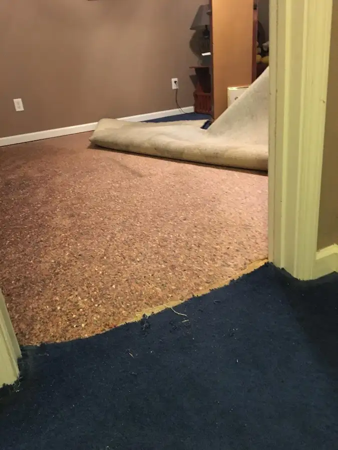 Carpet pad removal revealing water damage during Water Mitigation Services in Ellisville